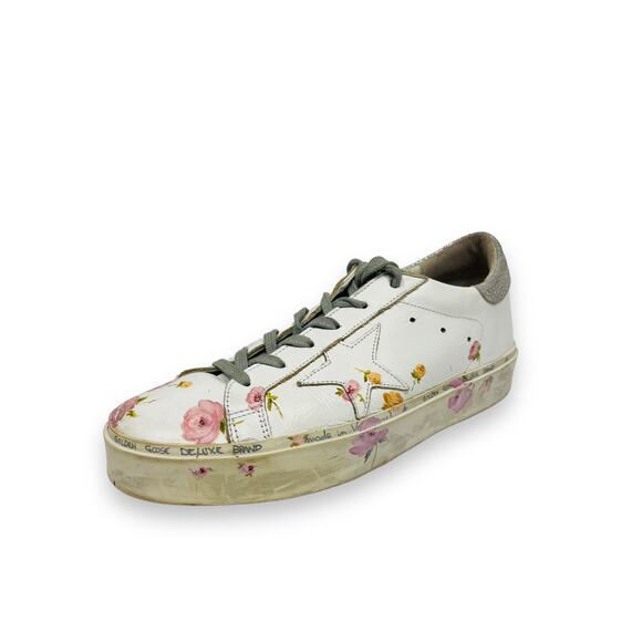 GOLDEN GOOSE White Leather Metallic Hi-Star Floral Print Sneakers Size 40 US 10 - Picture 2 of 8